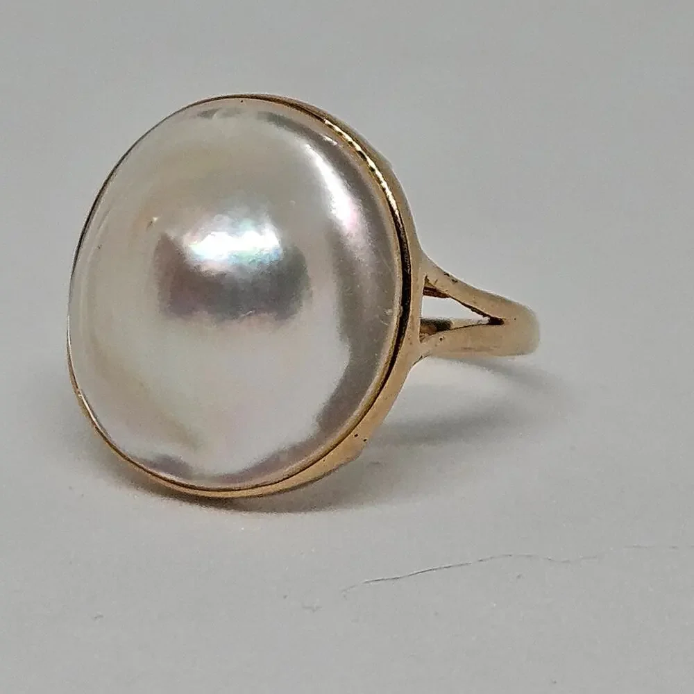 Estate 14K Yellow Gold Blister Pearl Ring Size 7 Bezel Set Split Shank Round - Picture 5 of 7
